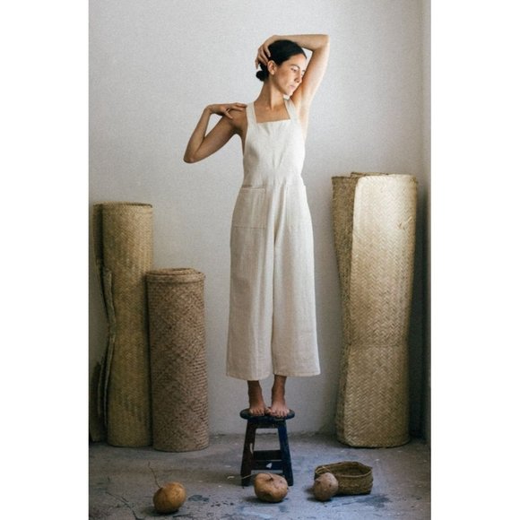 White Cotton Linen Jumpsuit One Size - Picture 1 of 10